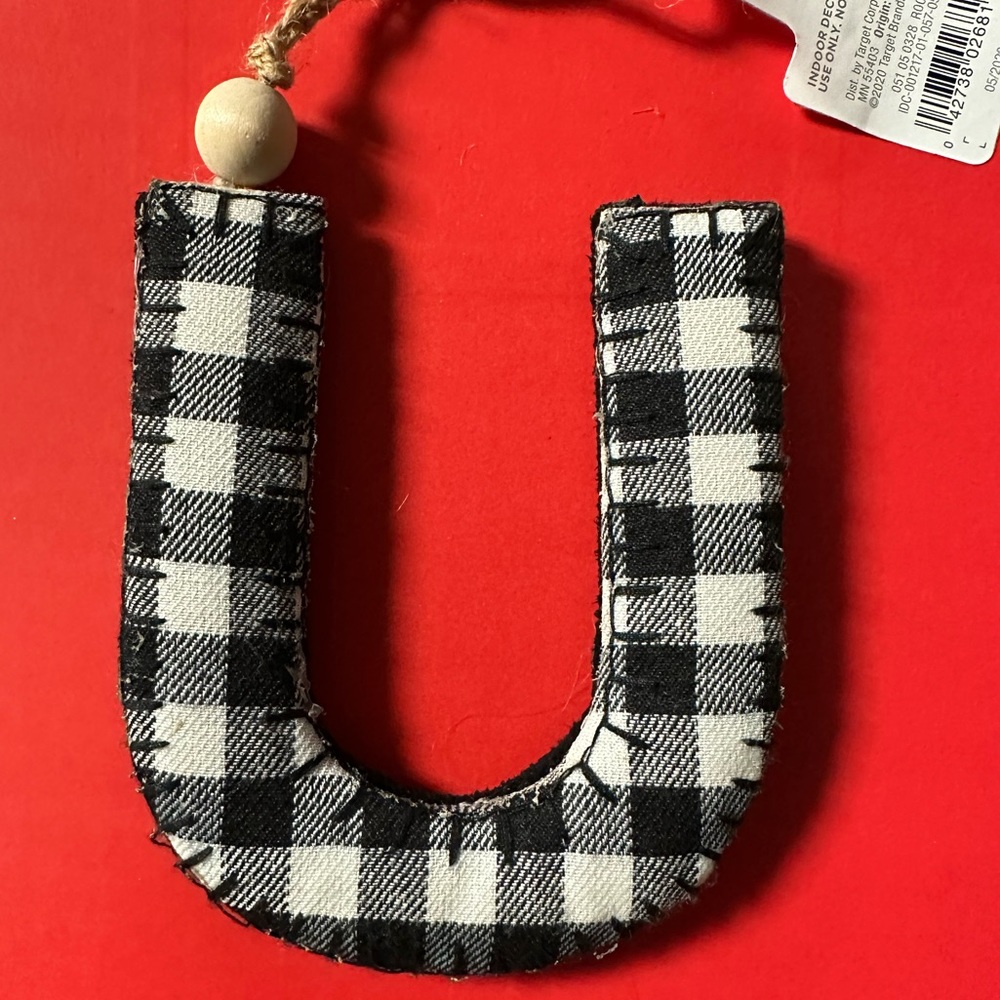 ⭐️ $1 When Bundled - Letter  U  Buffalo Plaid white & black Ornament WONDERSHOP